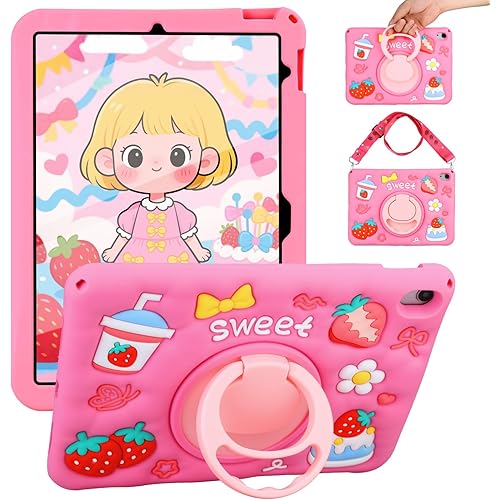 JAKPAK for iPad A16 11th Generation Case 2025 iPad 10th Generation Case for Kids Girls Soft Silicone Cute Kawaii Cartoon Tablet Cover with Shoulder Strap Kickstand for iPad 11inch 10.9inch Rose Pink