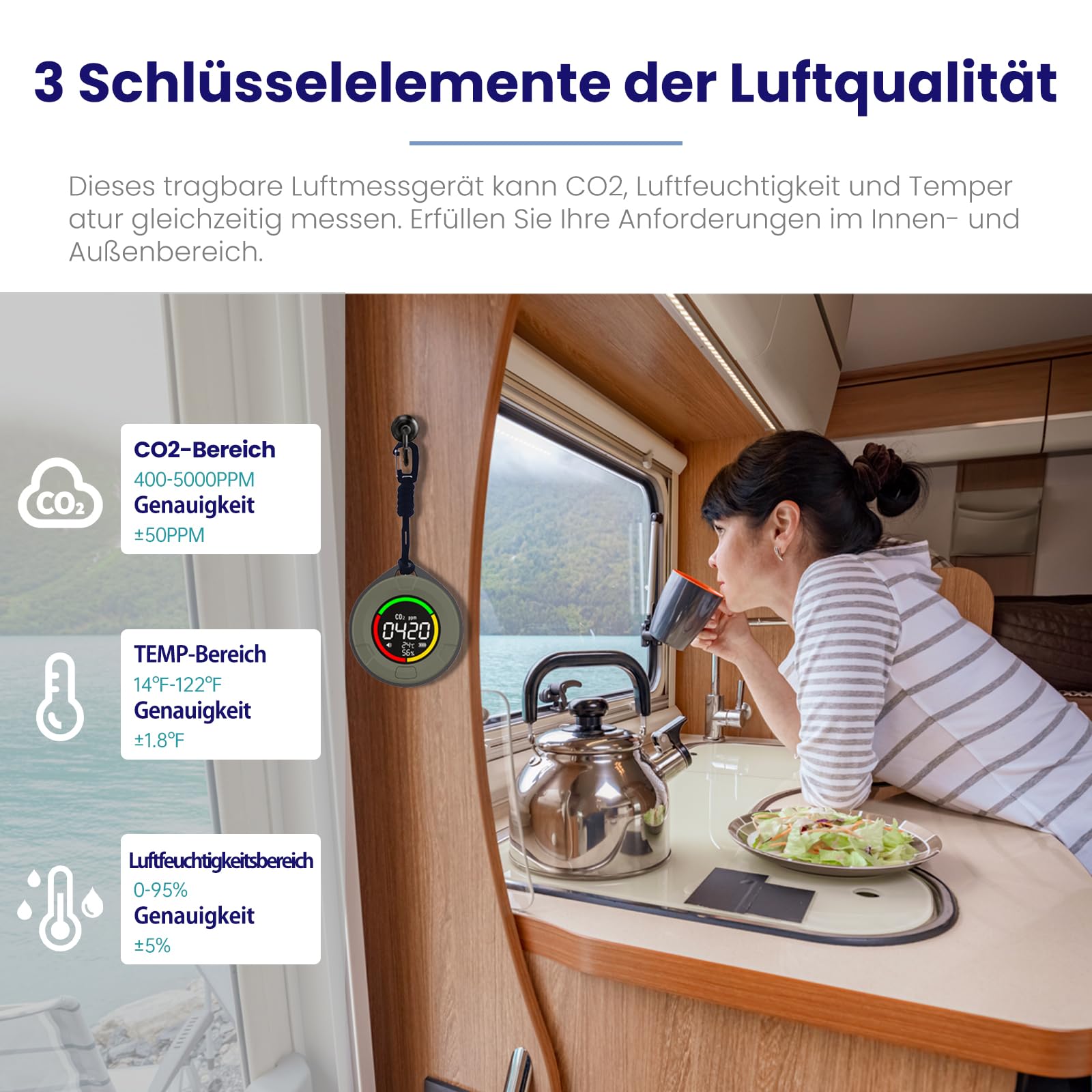 LSENLTY Detector de CO2 portátil, actualización de 2 segundos, monitor de CO2 de alta precisión, medidor de CO2 3 en 1 (temperatura, humedad y valor de CO2), 96 horas de tiempo de espera para viajes