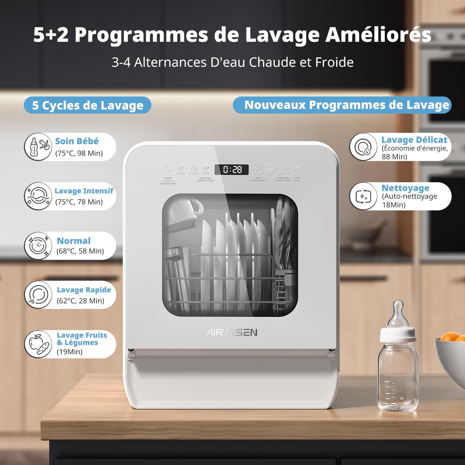AIRMSEN Mini Lave-vaisselle de Table 37x50cm 4 Couverts 5L Double Jet 360° 7+2 Programmes Démarrage Différé 1-24H Blanc