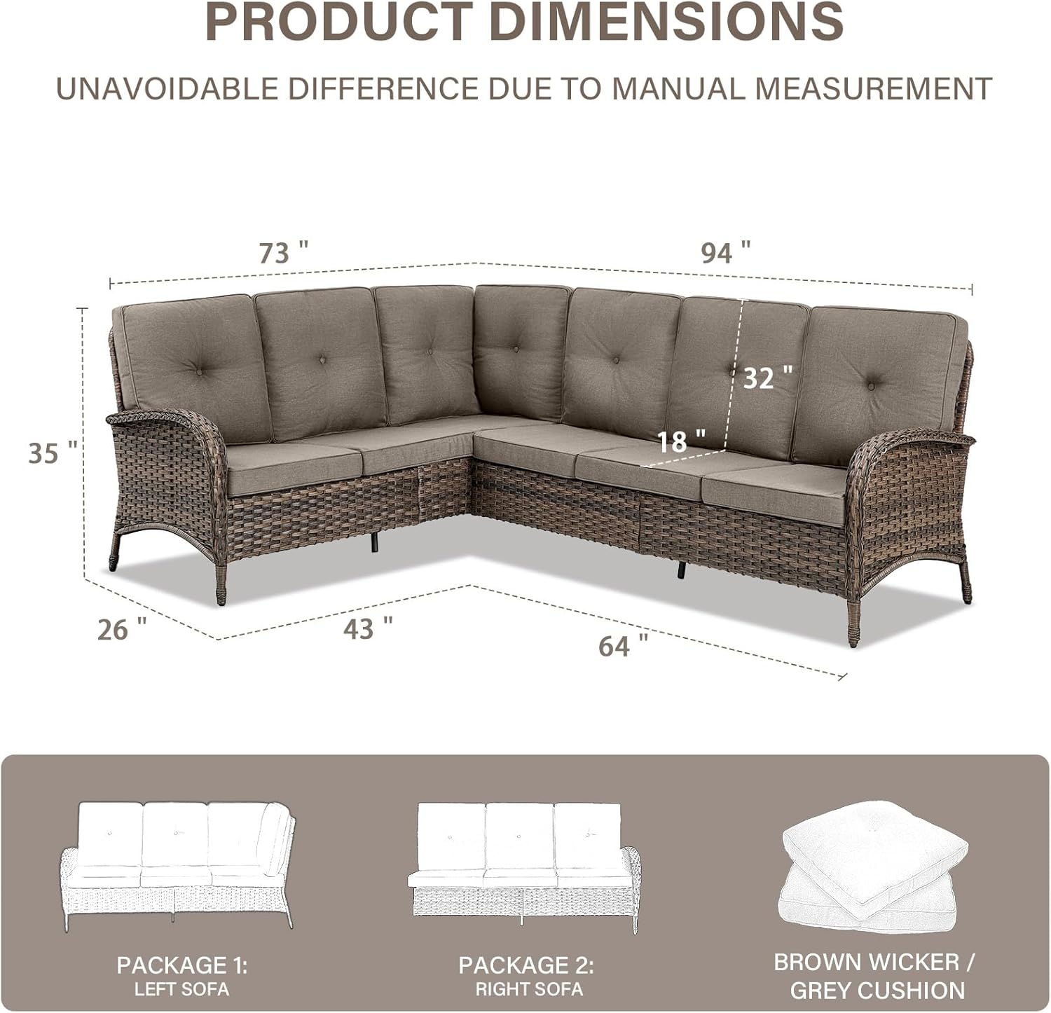 Belord 6-Seater Outdoor Sectional Sofa L Shaped Couch Patio Conversation Furniture Set, PE Wicker Patio Sectional Sofa with Removable Gray Cushion for Deck Backyard Sunroom