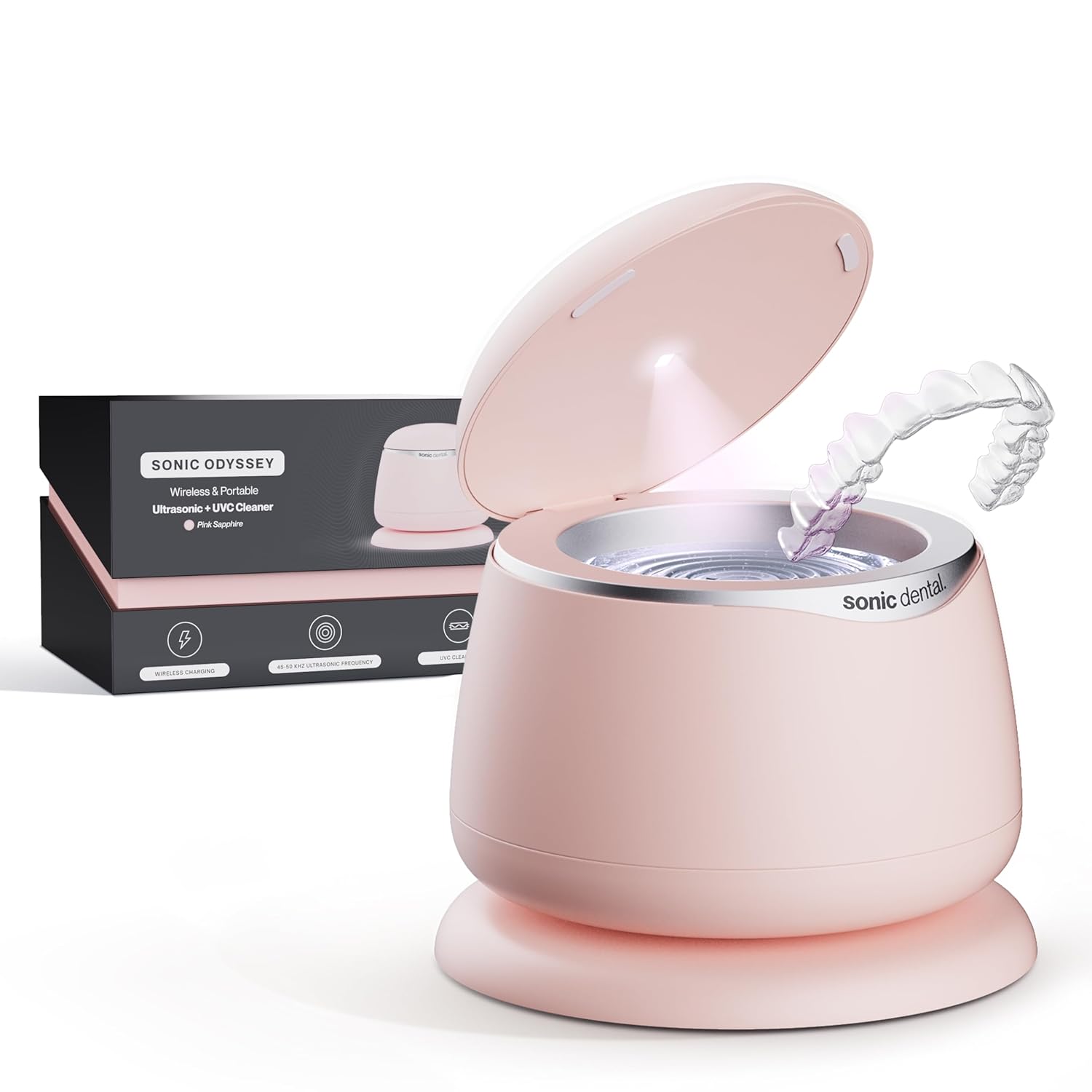 Sonic Odyssey Portable & Wireless Ultrasonic Cleaner for Aligners Retainers Dentures & Mouthguards, Multi-Frequency Clean 45–50 kHz, 3 & 5 Minute Cycles, For Oral Dental Care (Sapphire Pink)