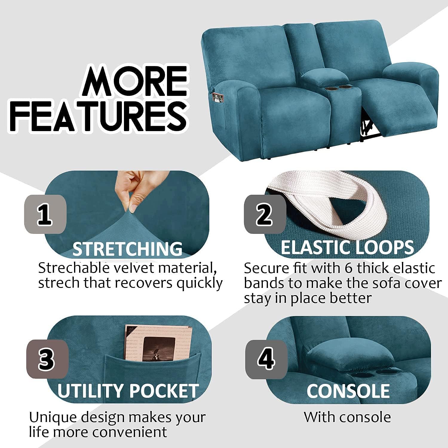 Recliner Loveseat Covers With Middle Console, 8-Piece Stretch Velvet Loveseat Reclining Couch Slipcovers For 2 Cushion Sofa Slipcovers Furniture Covers Thick Soft Washable ( Color : Peacock Blue )