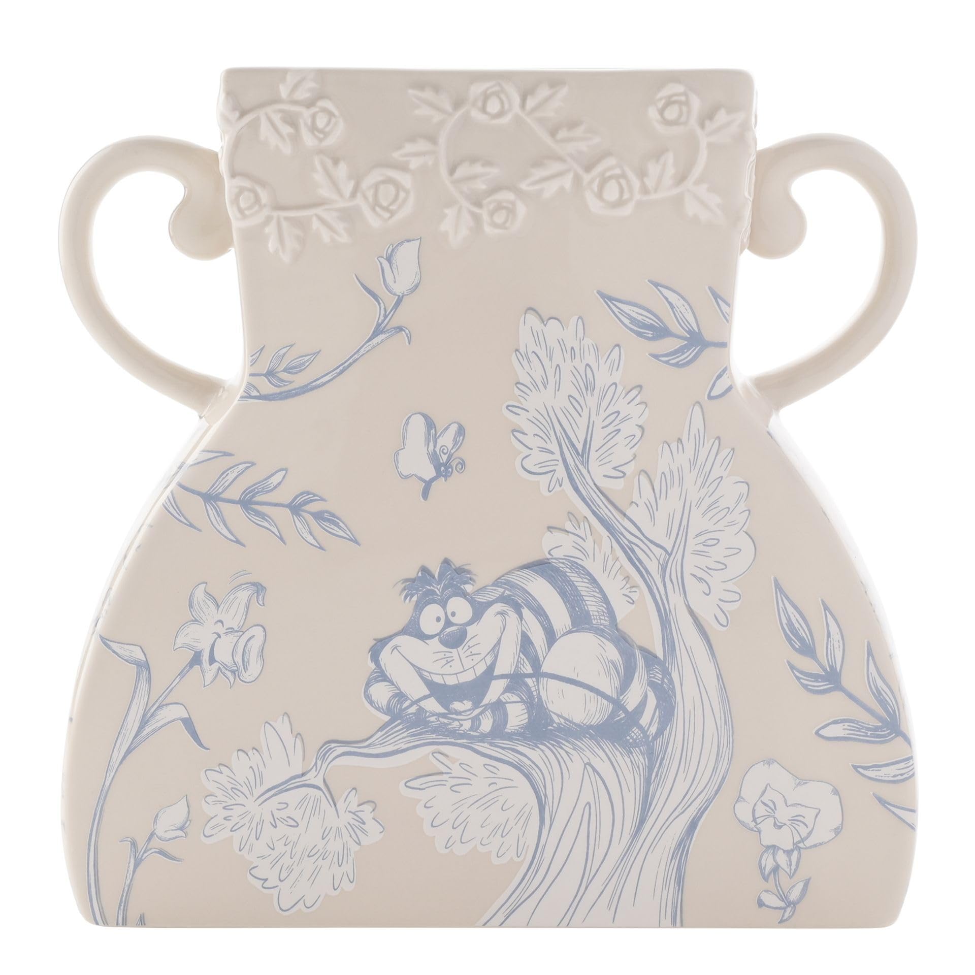 Disney - Alice In Wonderland - White Ceramic Large Vase - Cheshire Cat & Roses Motif - Decor and Homeware for Movie Lovers, Bedroom, Kitchen, Bathroom & Dining Room. H:19cm x W:19cm x D:5cm.