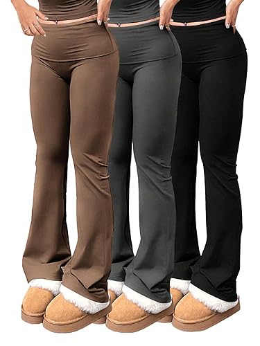 FAQUDY Women's 3 Piece Yoga Pants Set High Waisted Elastic Waist Flare Bootcut Leggings Gym Workout Casual Wear