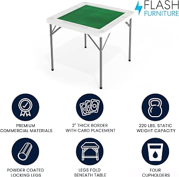 Flash Furniture Silas 34.5 Square Folding Card Table with Felt Green Surface and Cup Holders, Portable Folding Game Table for 4 Players, White/Green