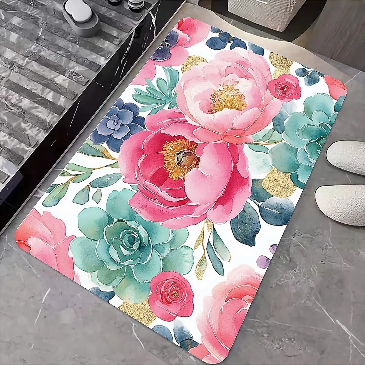 Alfombra de baño de tierra de diatomeas 43x70 cm con hojas doradas acuarela