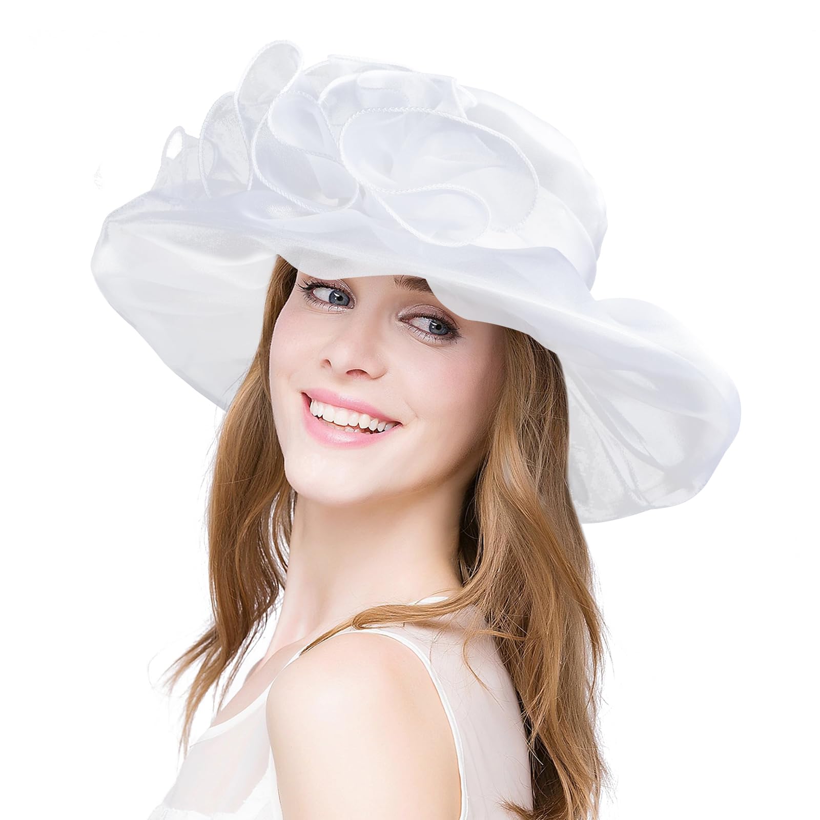 2025 Derby Hats for Women Girls Ladies, Organza Church Tea Party Wedding Fascinator Hat White UV Protection Sun Hat