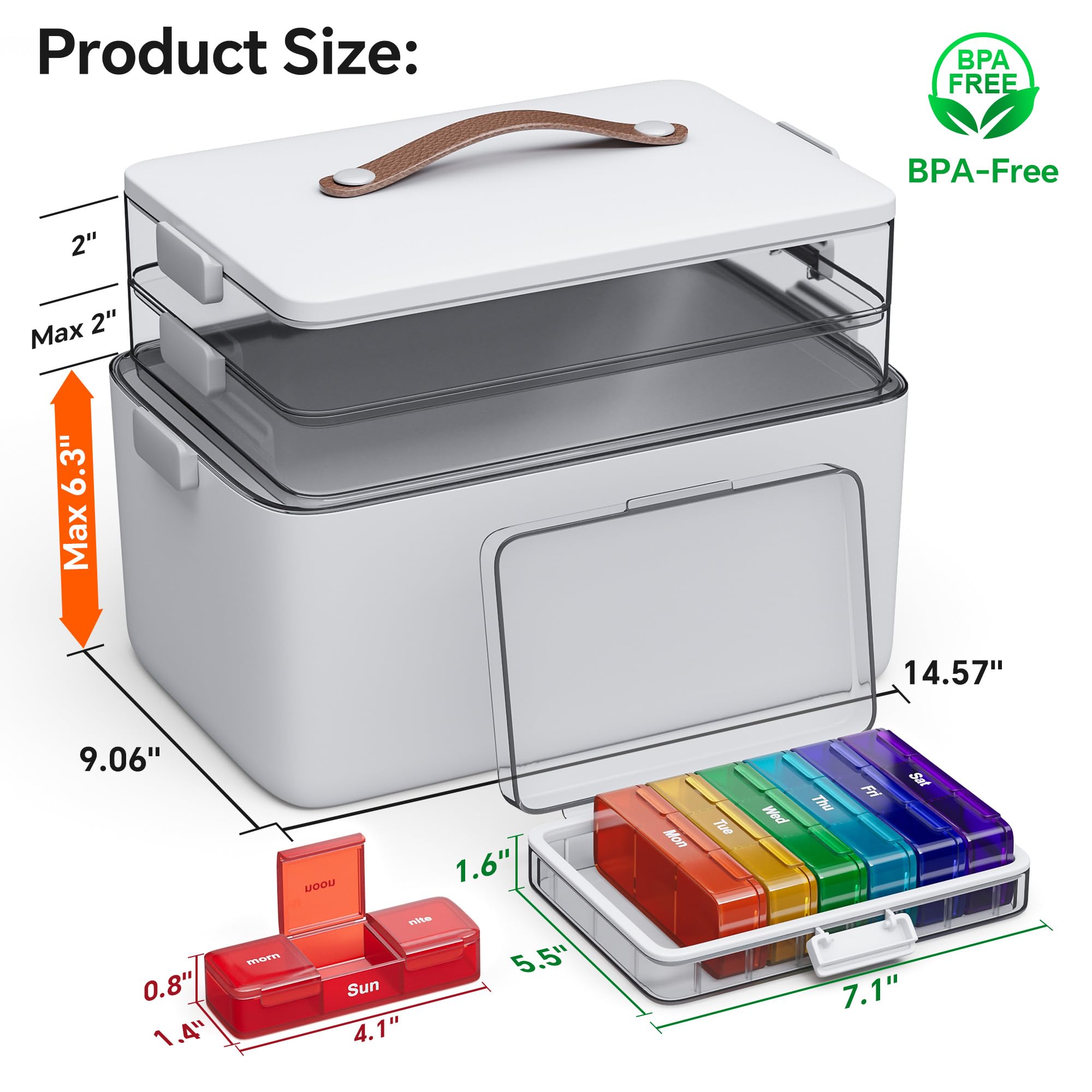 CTIME Juego de organizador de medicamentos para el hogar de 3 niveles, botiquín portátil con mango de cuero y pastillero, kit de primeros auxilios vacío para el hogar/personas mayores