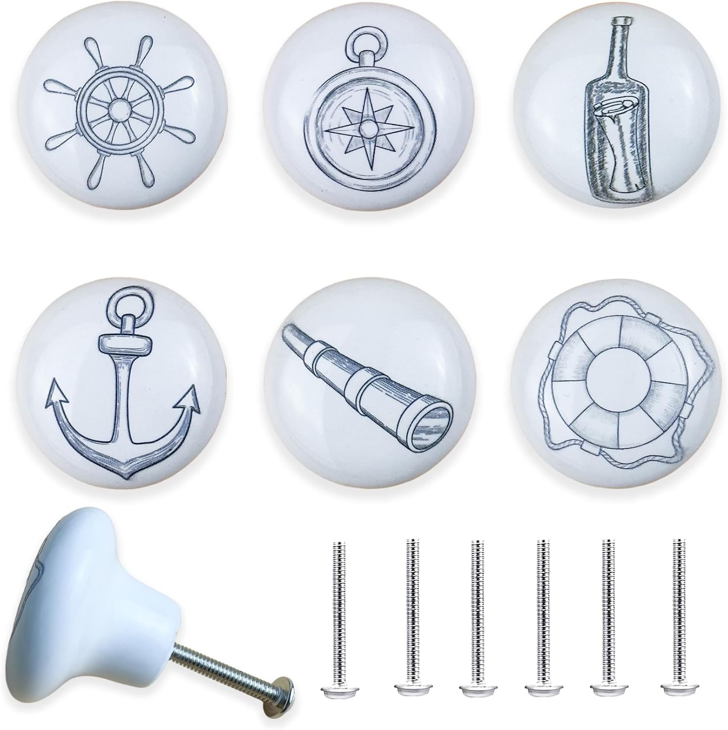 6pcs 1.49Inch Fun Beach Themed Coastal Nautical Cabinet Ceramic Door Nursery Kids Drawer Pulls and Knobs