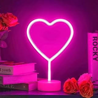 BHCLIGHT Pink Heart Neon Sign, Valentines Day LED Neon Light Battery Operated or USB Powered Valentines Pink Heart Lights, Table Lamp for Galentines Day Decorations, Wedding, Gifts for Women, Lover.