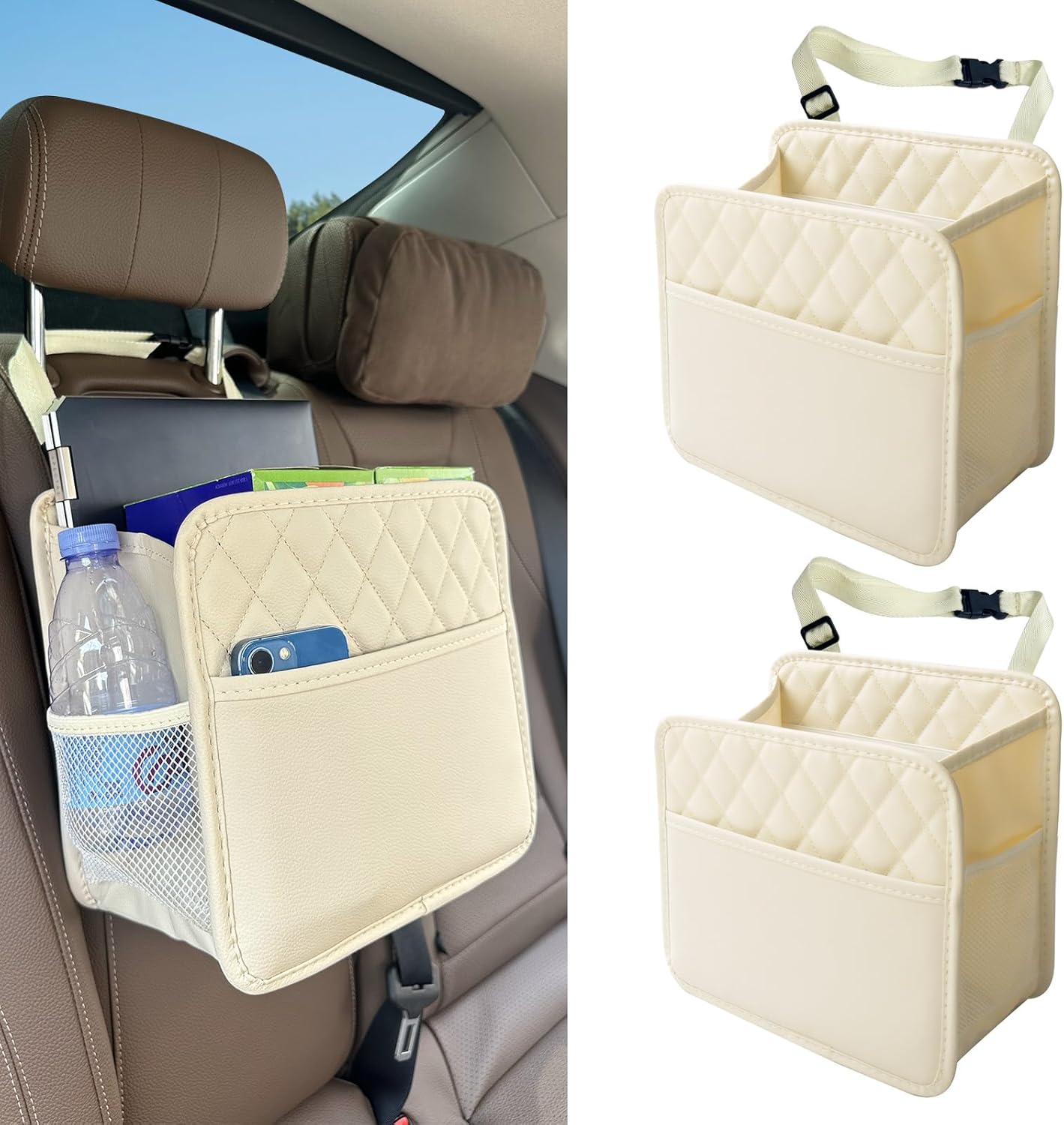 Witaxima 2 Pack Upgraded Car Seat Organizer Backseat with Storage Pockets, Multipurpose Car Organizer Hanging Car Trash Bag Premium PU Leather Garbage Can 2.14 Gallon Large Capacity Accessories Black