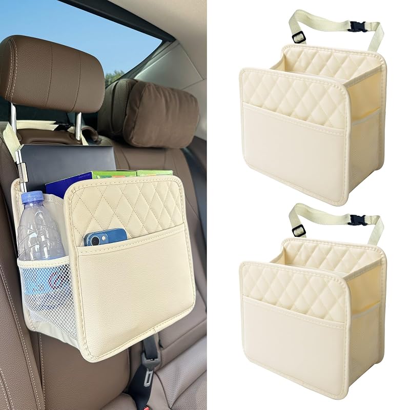 Kit com 2 Organizadores e Lixeiras para Carro Witaxima de 8 L com Bolsos, Couro Sintético, Bege