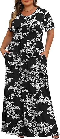 Tencede Women Summer Plus Size Maxi Dresses with Pockets | Short Sleeve Crew Neck Floral Print, Soft Stretch Breathable Fabric, Elastic Waist, Sizes XL-5XL, Wedding & Beach Wear