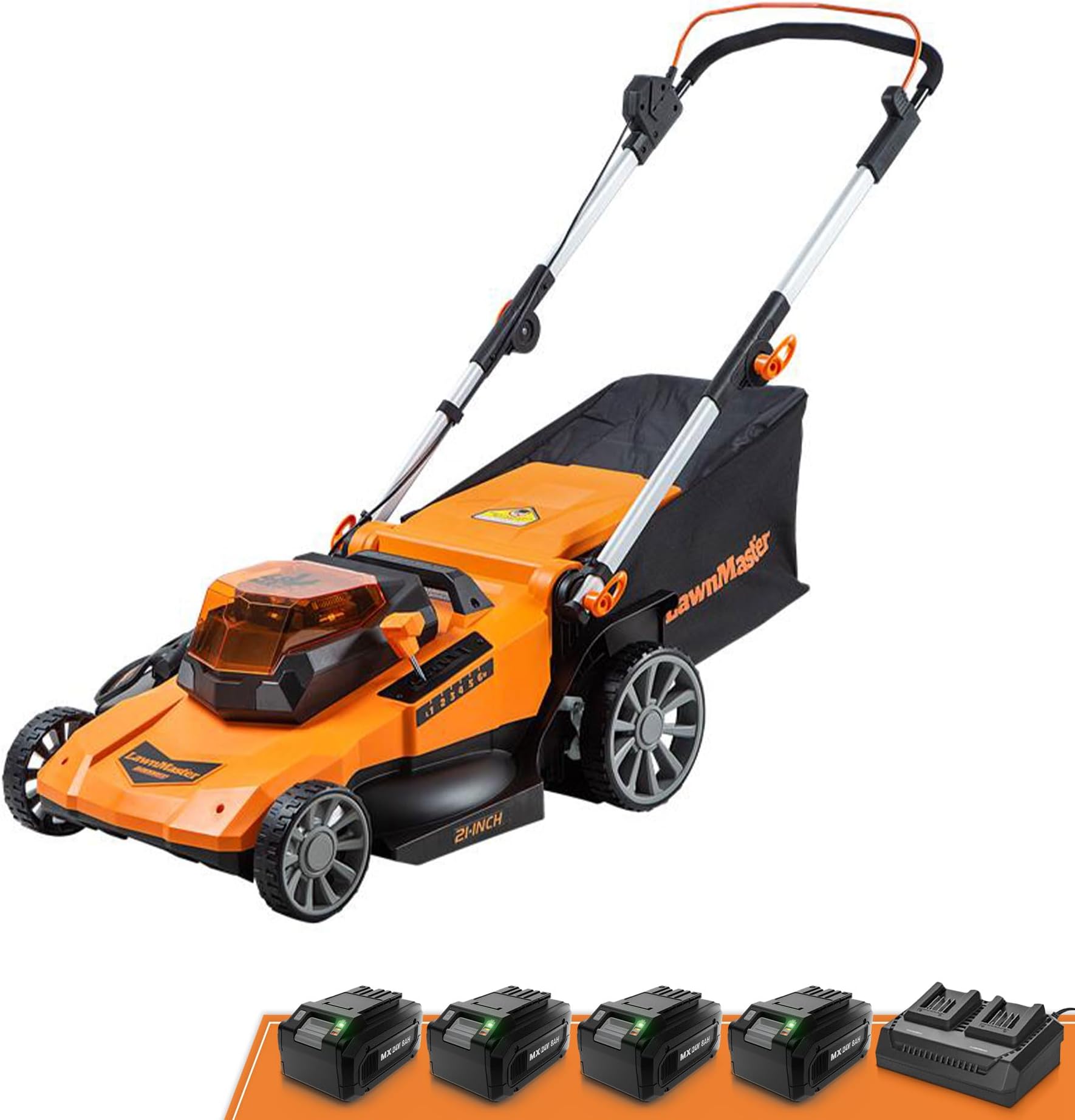 LawnMaster CLMF4821A Cordless Lawn Mower Brushless 48V MAX 21Inch 3-in-1 Function with 4X24V MAX 4.0Ah Battery and a Dual Charger