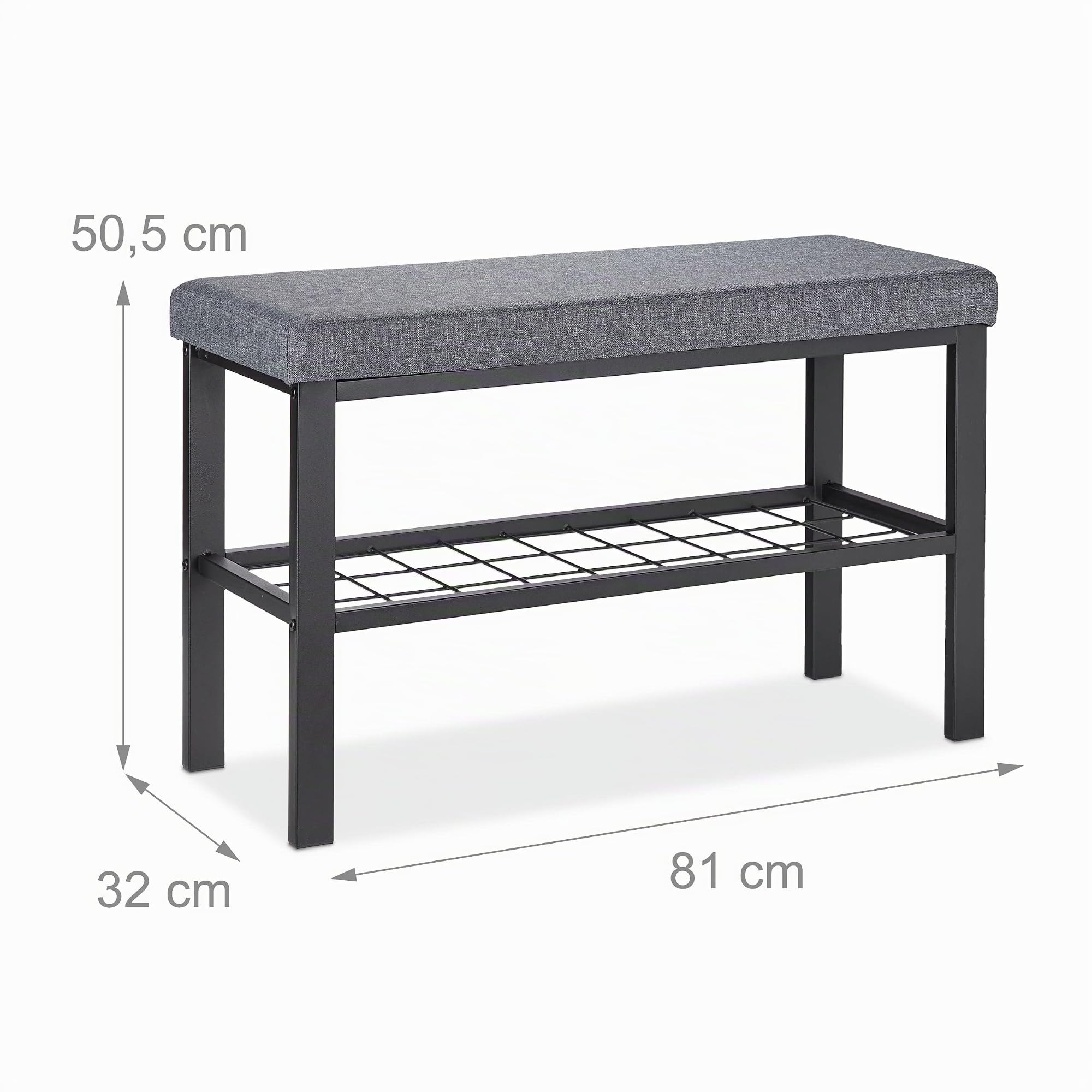Relaxdays Banco Zapatero Recibidor, Balda Zapatos, Asiento Acolchado, Descalzadora Pasillo, 50,5x81x32 cm, Negro y Gris
