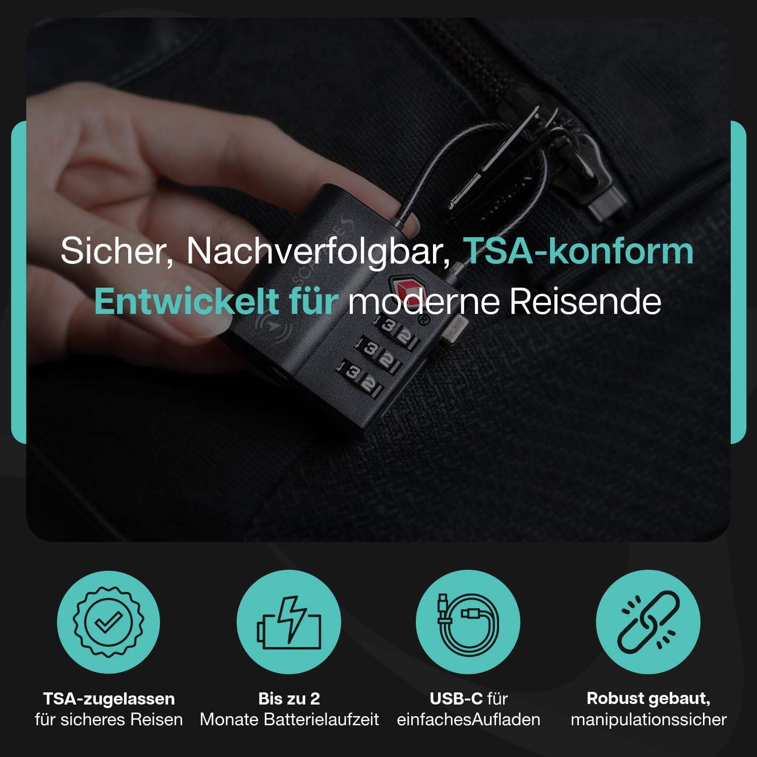 Scapade AirLock – TSA-zugelassenes Smart-Kofferschloss mit Apple „Wo ist?“ Tracking und USB-C-Akku, extrem robustes Reiseschloss für Hand- und Aufgabegepäck