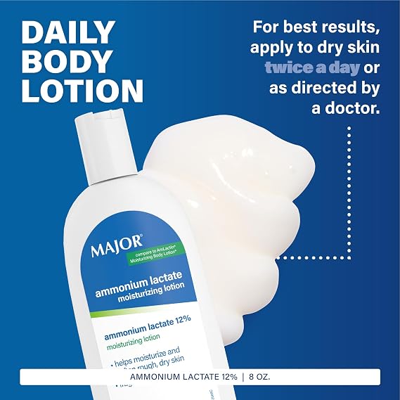 Major Ammonium Lactate 12% Moisturizing Lotion - Lactic Acid Lotion - Helps Hydrate, Soften, and Exfoliate Rough, Dry Skin - Daily Body Lotion - Fragrance-Free - 8 Oz (1 Pack)