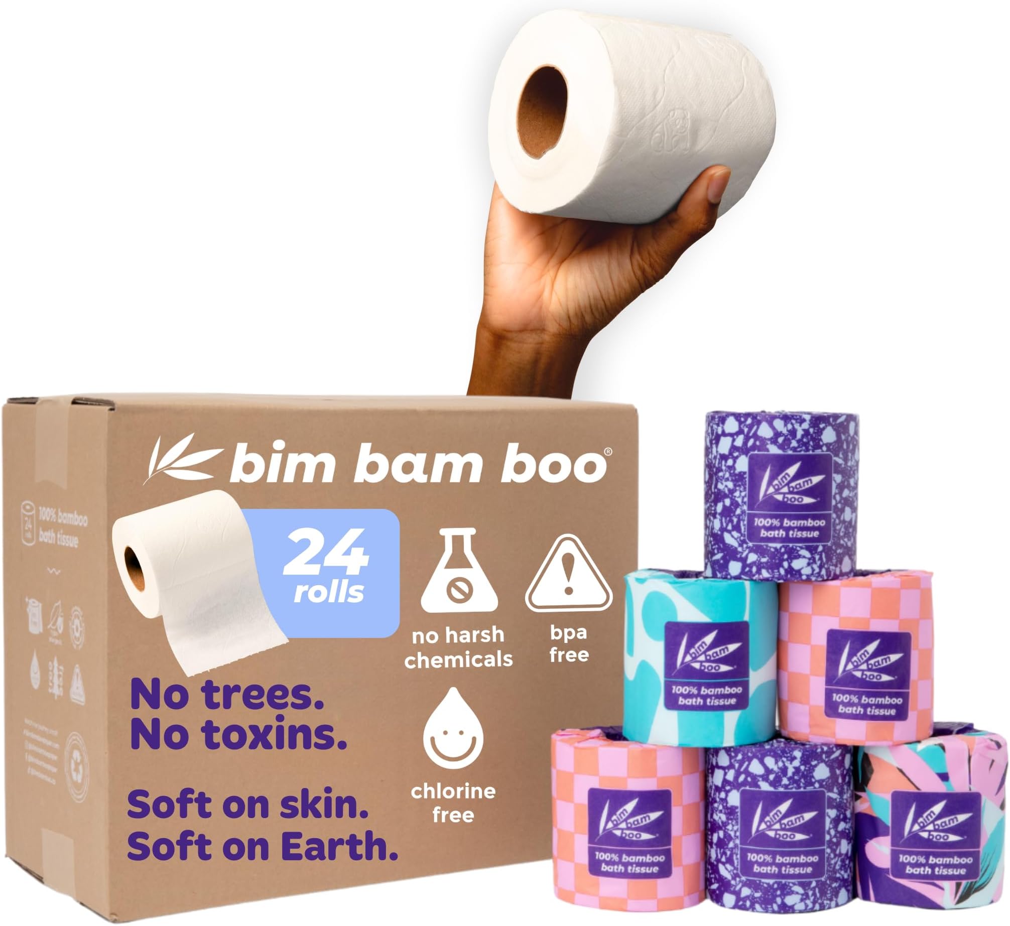 Bim Bam Boo 100% Bamboo Organic Chemical-Free Bulk Toilet Paper, Cloud-like Softness, Plant-Based Sustainable Tree-Free Bathroom Tissue, 24 Eco-Friendly Rolls, 2 Ply, 295 Sheets for RV and Camping