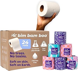 Bim Bam Boo 100% Bamboo Organic Chemical-Free Bulk Toilet Paper, Cloud-like Softness, Plant-Based Sustainable Tree-Free Bathroom Tissue, 24 Eco-Friendly Rolls, 2 Ply, 295 Sheets for RV and Camping