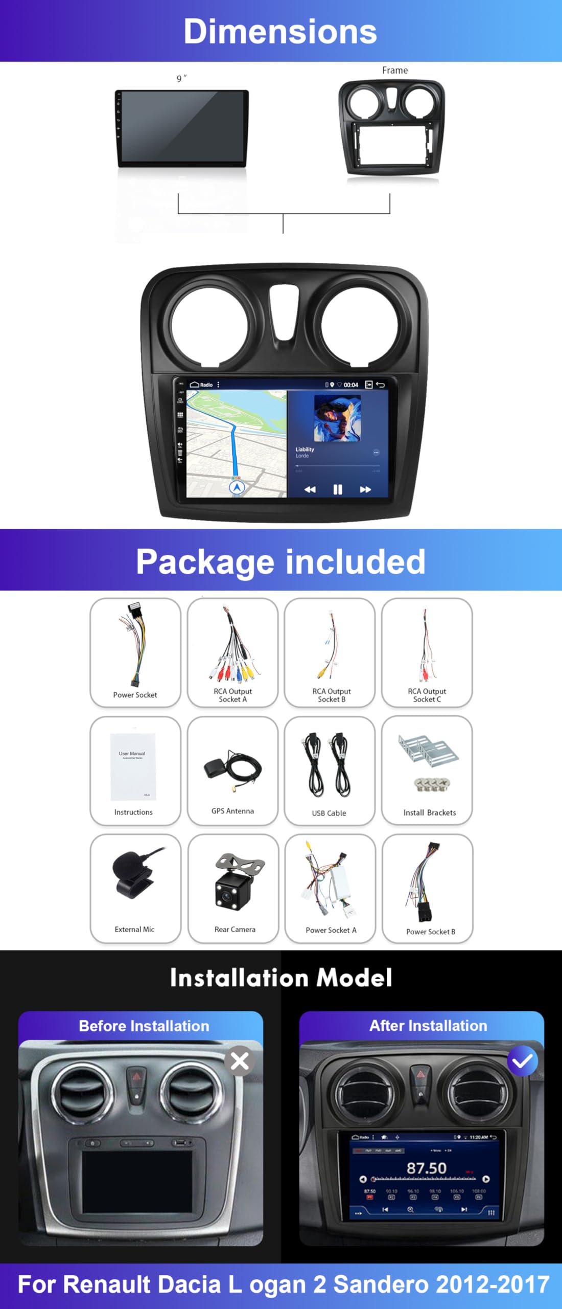 Autoradio 2 Din 9" Android 10 Per Renault Dacia Logan 2 Sandero (2012-2017) – 2G+32G, GPS, Bluetooth, WiFi, Mirror Link, Retrocamera Inclusa