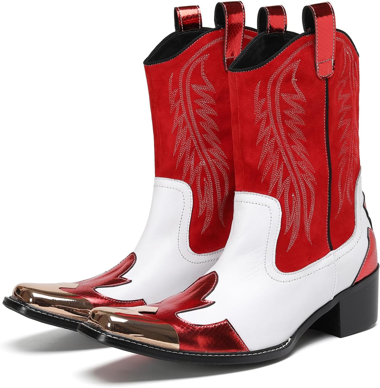 Santimon Men's Cowboy Western Boots with Cowhide Leather, Red & White Design - Comfortable Pull On Casual Mid Calf Boots for Retro Embroidered Rodeo Festival Party