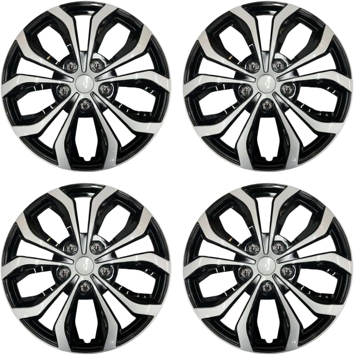 Universal Hubcaps for Steel Wheels, Snap-On Wheel Covers with Adjustable Steel Retaining Ring, Durable ABS, Patent Design (Silver&Black, 14-inch)