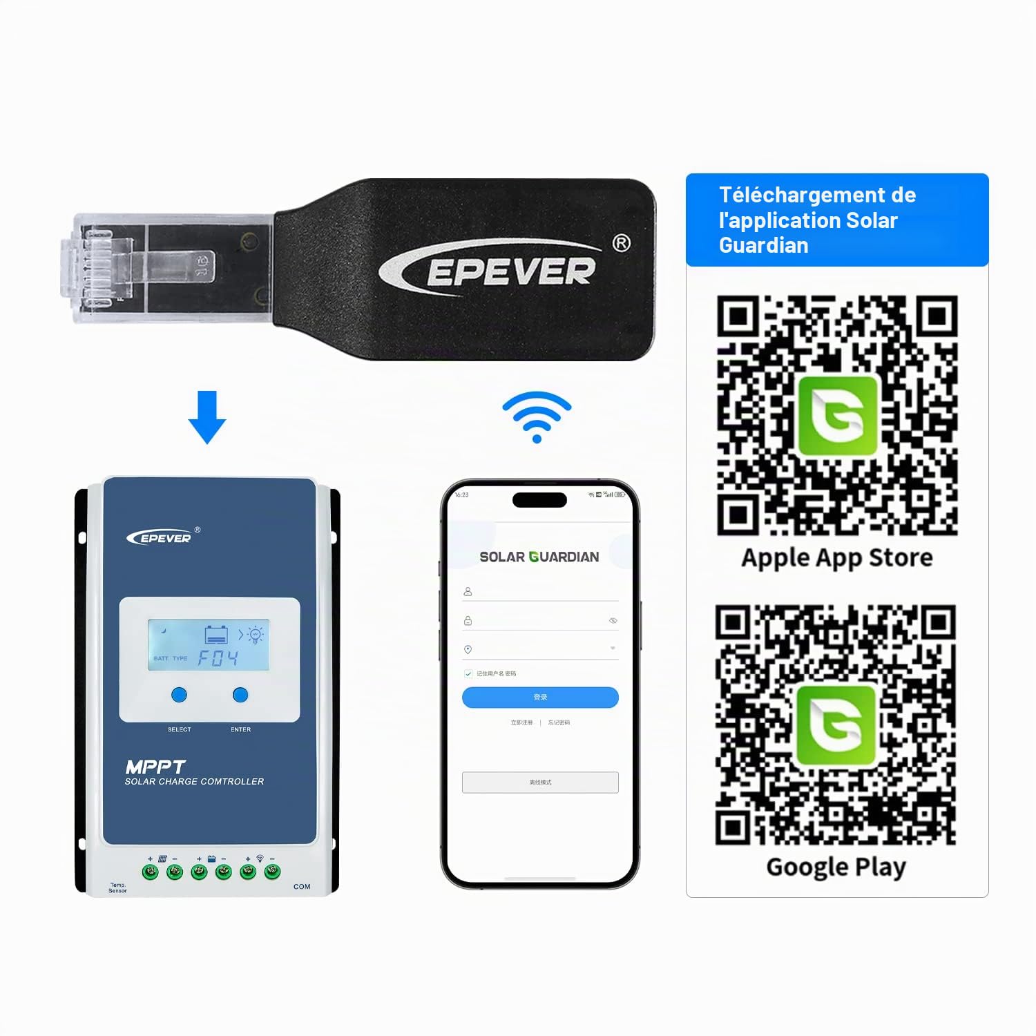 EPEVER Module WiFi 2,4 G RJ45 D pour contrôleur de charge solaire MPPT pour surveiller et modifier les paramètres par application mobile (EPEVER-WiFi-2.4G-RJ45-D)