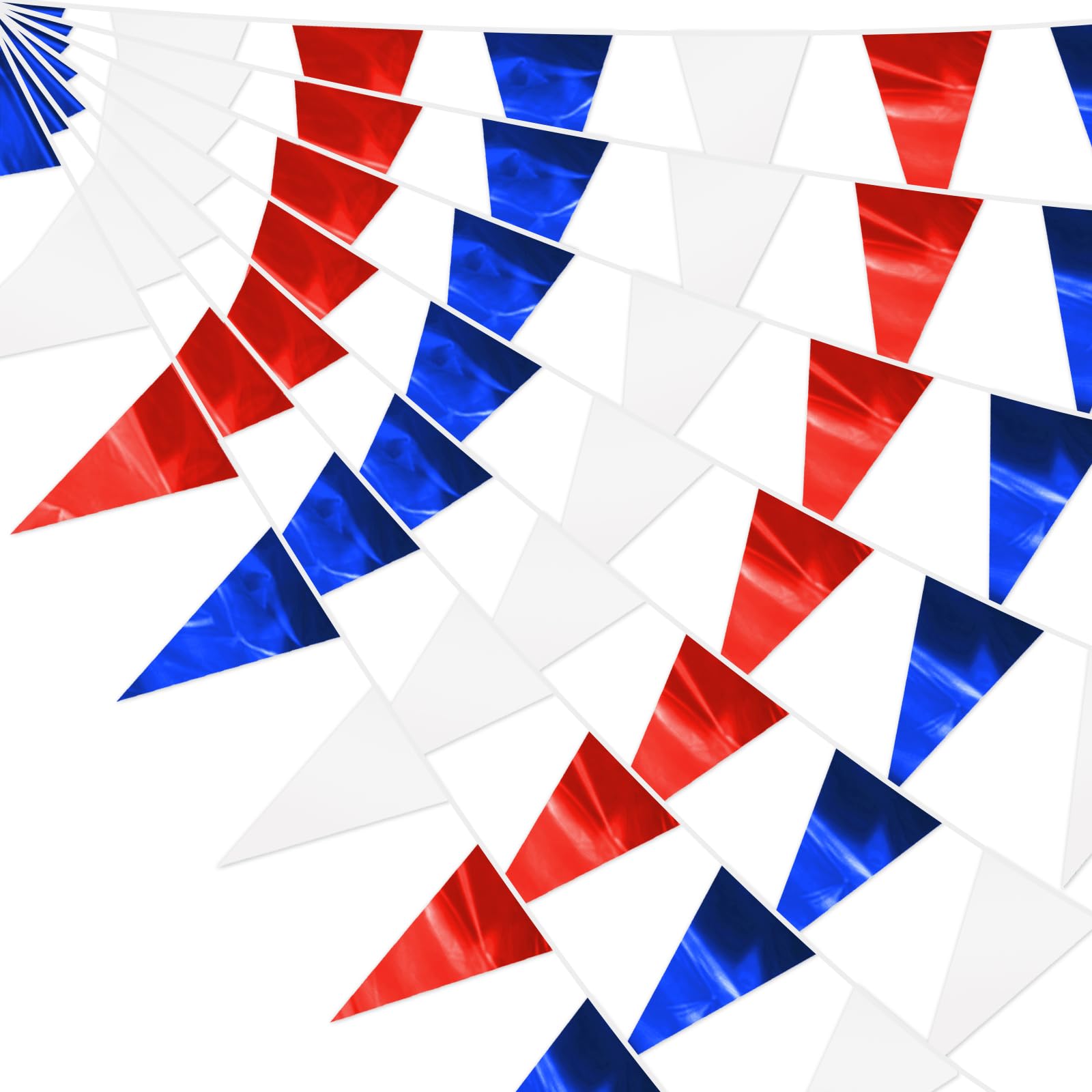 32.8FT White Blue Red Glitter Triangle Pennant Banner Flag Metallic Bunting Outdoor Garland for Christmas Graduation, Independence Day, 4th of july, Patriotic Themed Party Decoration