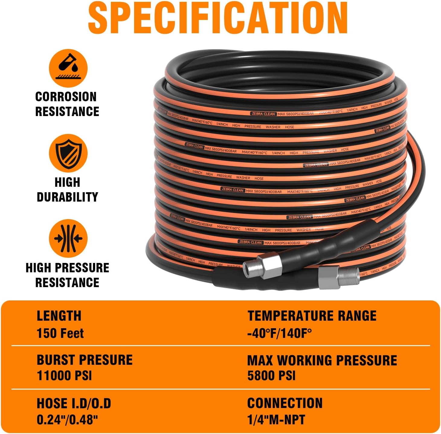 25FT Sewer Jetter Kit for Pressure Washer, 1/4" NPT Corner Drain Cleaner Hose 5800 PSI with Sewer Jetting Nozzles, Pearl Corsage Pin, Waterproof Tape, Extension Cord Organizer&2 Spanner