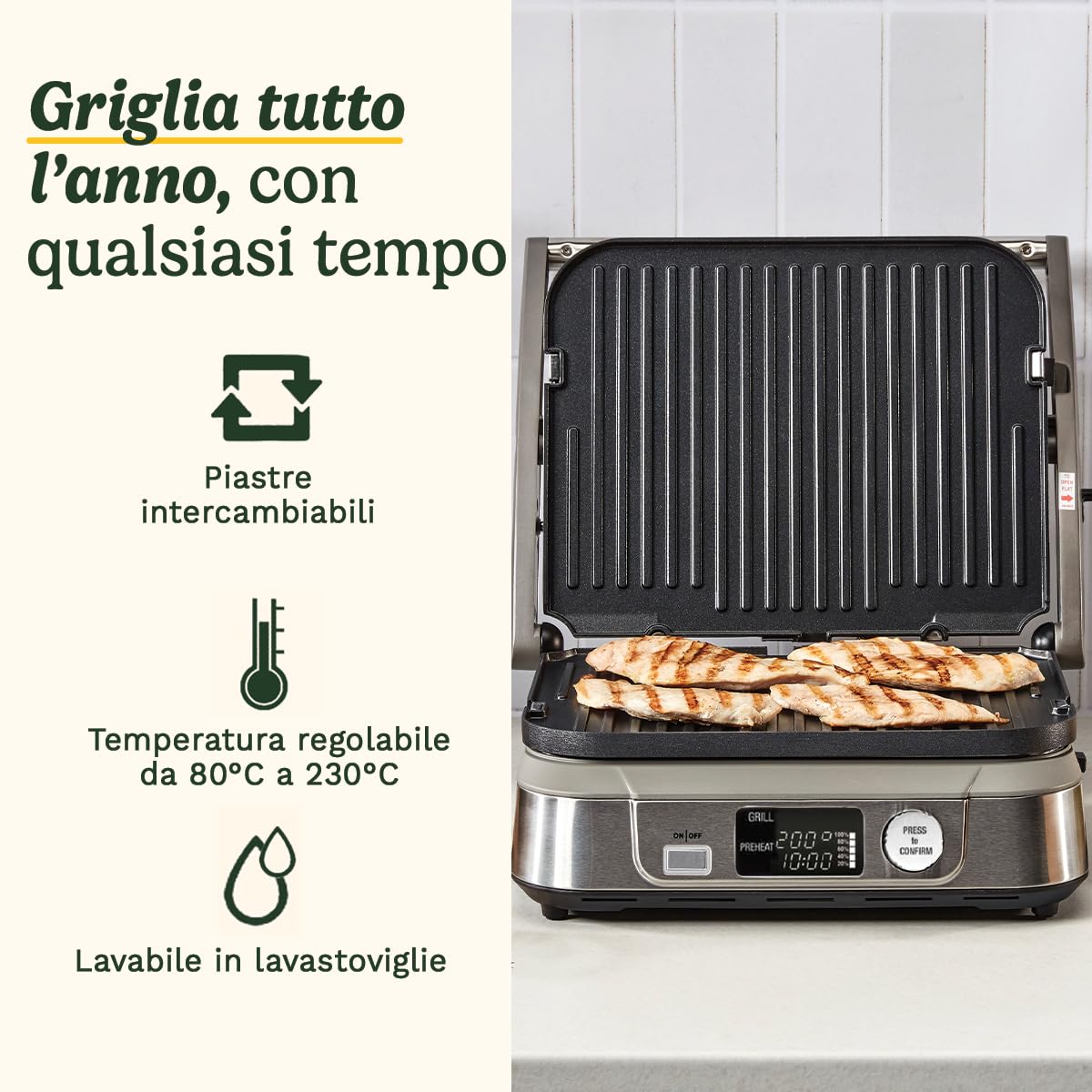Cuisinart Grill 6-in-1: Piastra, Waffle, Grill/Piastra, Piastre antiaderenti reversibili, Display digitale, SearBlast®, Cerniera regolabile GR5E