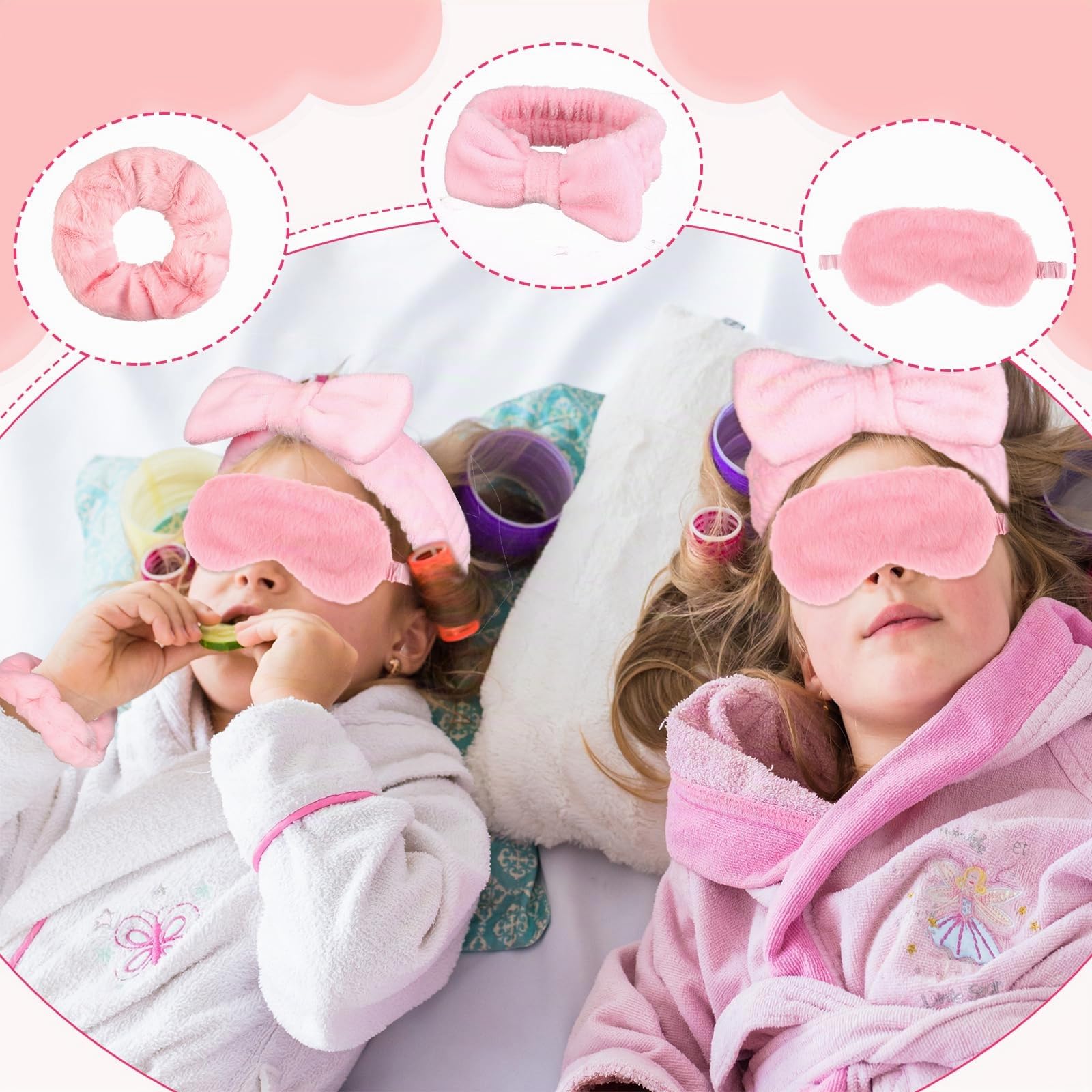 Lot de 30 accessoires de fête pyjama pour filles comprenant 6 bandeaux à nœud rose, 6 masques de sommeil en peluche, 6 chouchous en velours, 6 chiffons démaquillants et 6 trousses cosmétiques en PVC