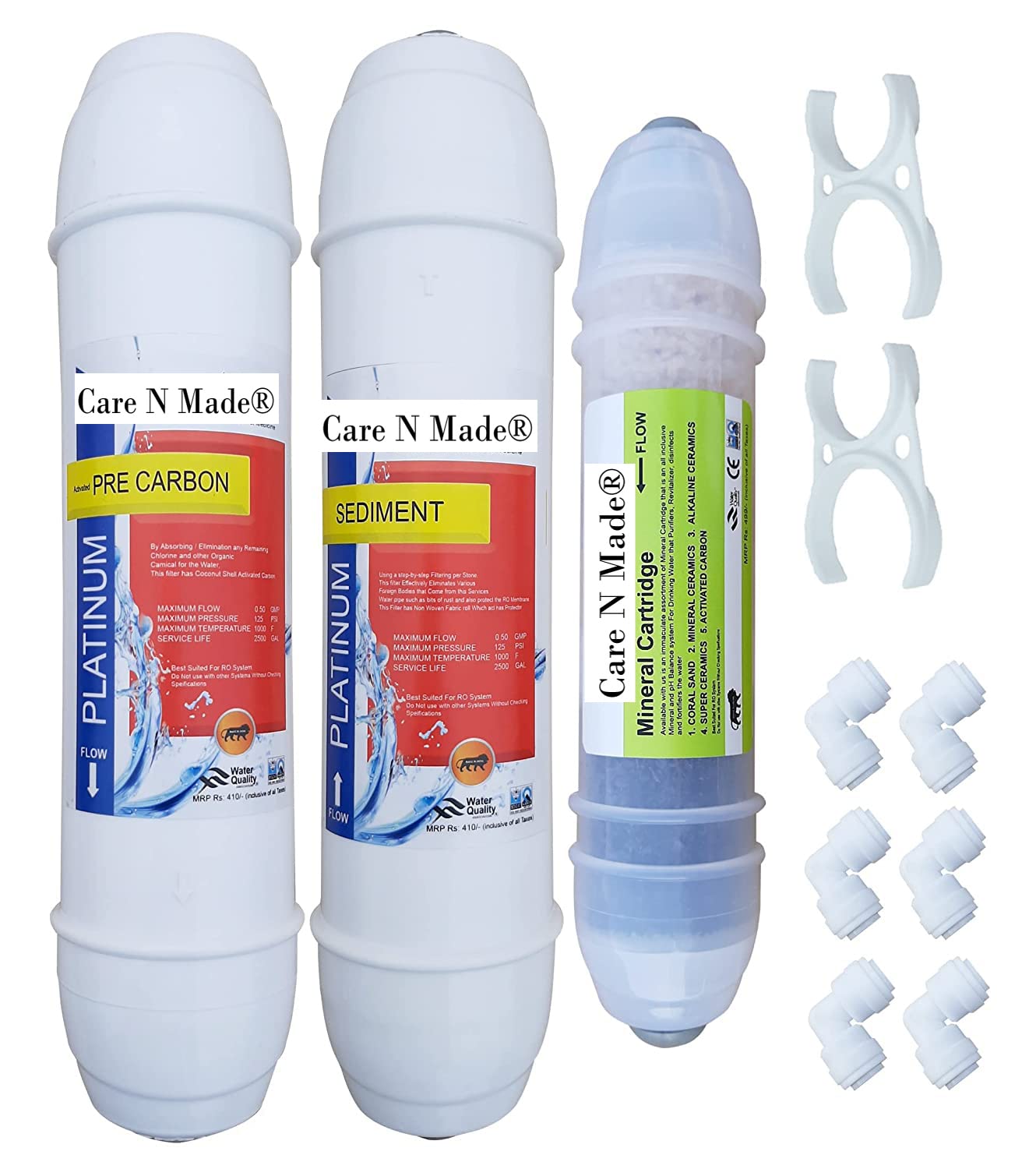 RO, Platinum Inline, Pre Carbon Filter+ Sediment Filter + 9" Inch 5 Stage Mineral Cartridge + 6 pcs Elbow, 2pcs X clamp, Suitable for RO Wate-image-0