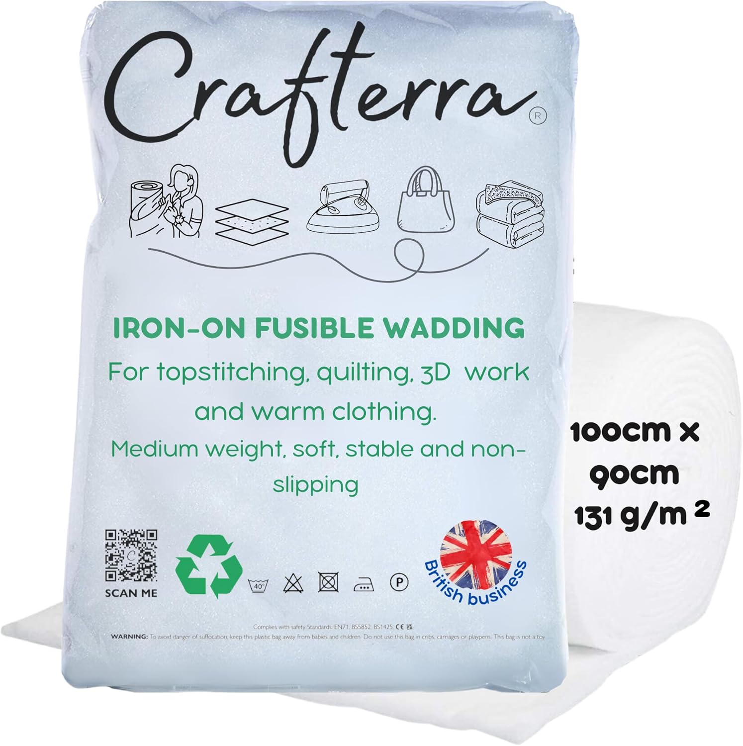 Iron on Fusible Wadding fleece batting for Quilting, topstitching Bag