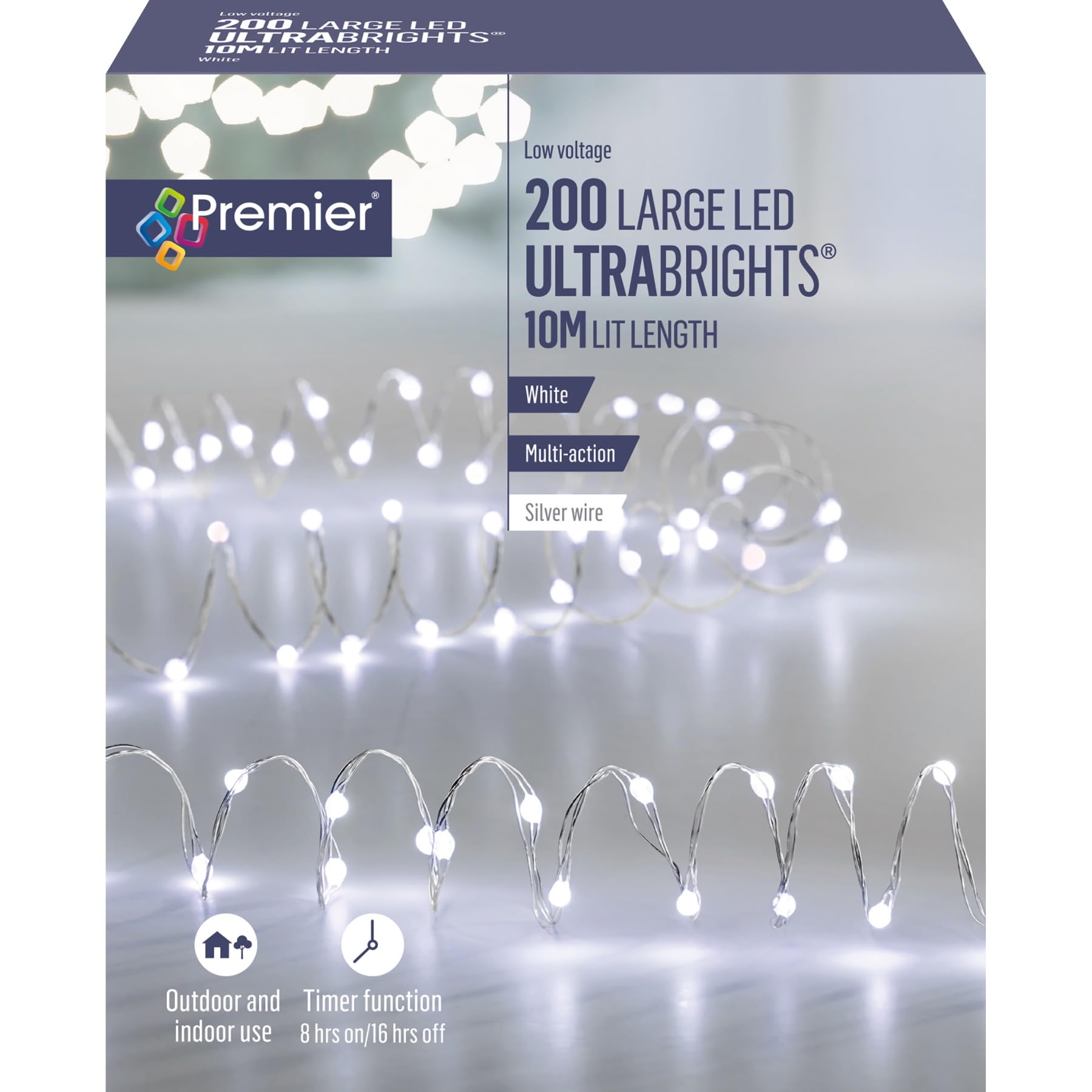 Premier Silver/White Ultrabright Lights 200 Led String Lighting Mains Powered Flexible Wire 10M