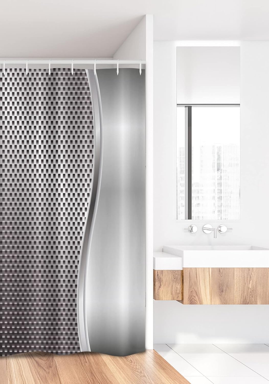 Ambesonne Grey Stall Shower Curtain, Cool Background with Square Shaped Grid Speaker Featured Industrial Iron Design Print, Fabric Bathroom Decor Set with Hooks, 36" W x 72" L, Charcoal Grey Off White