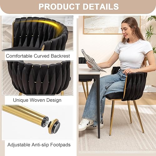 Miniatura 4 de Kiztir Juego de 2 sillas de comedor de terciopelo, sillas de comedor tapizadas con patas de metal dorado, sillas de comedor copetudas de lujo para