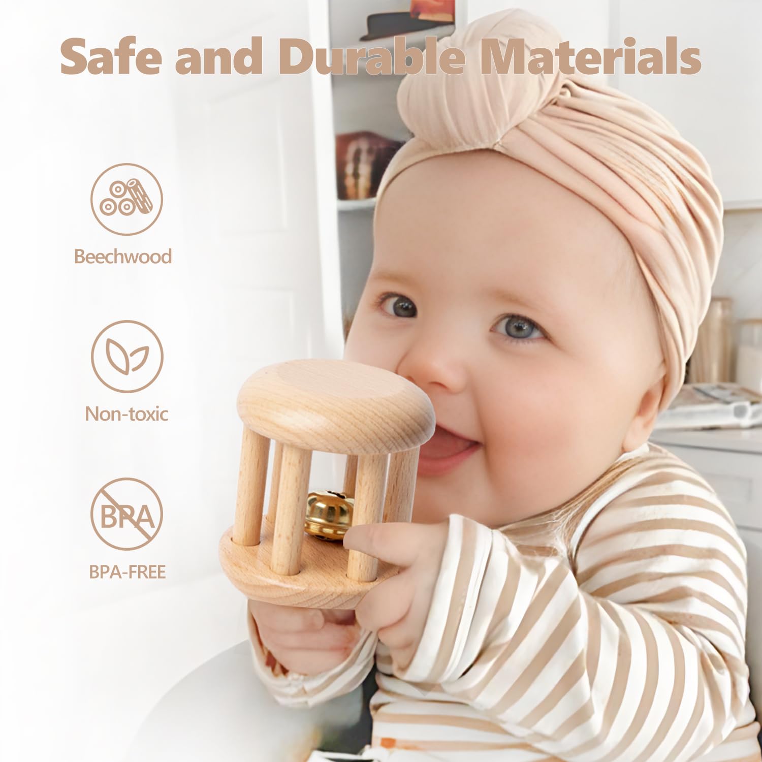 Wooden Baby Toys, 6PCS Wooden Rattle for Baby, Montessori Toys for Babies 0-6 -12 Months, Wood Rattles Set for Infant Grasping, Wooden Rattles Push Car Crochet Bunny Rattle Toy for Newborn Infant - Image 2