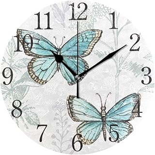 Wall Clock Silent 9.5 Inch Battery Operated Non Ticking Nautical Boy Turquoise Round Decorative Acrylic Quiet Clocks for Bedroom Office School Home Blue Butterfly