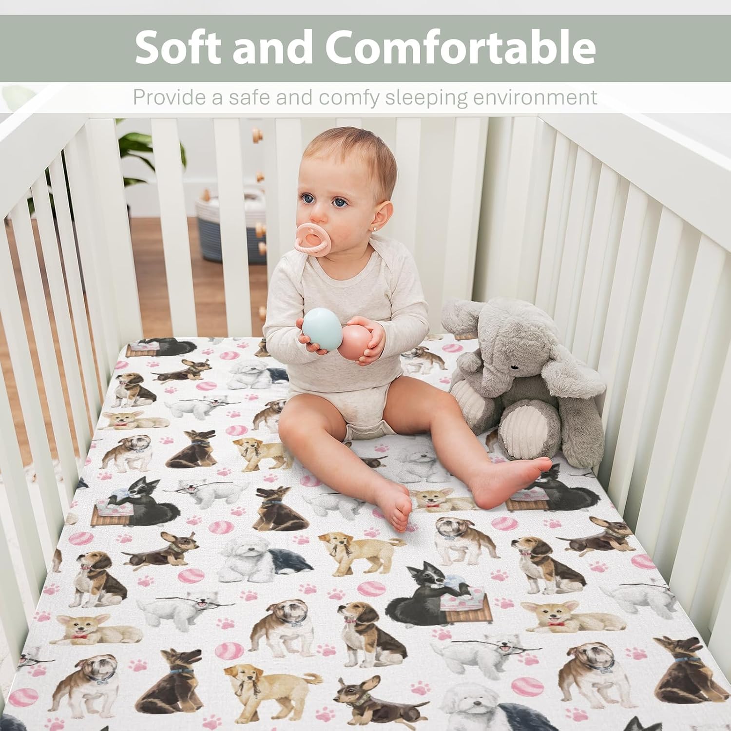 Dog Breeds Baby Crib Sheets for Boy Girl 28"x52" Watercolor Dogs Pink Paws Balls Soft Stretchy Fitted Crib Mattress Covers Dogs Lovers Gift Nursery Baby Sheet for Crib & Toddler Bed Mattresses