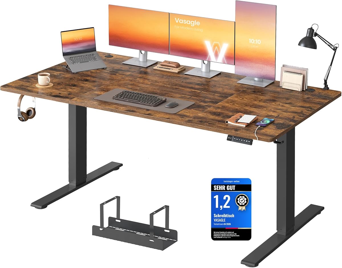 VASAGLE Höhenverstellbarer Schreibtisch, 180 x 80 cm, USB-C-Anschluss, Ablage für Steckdosenleiste, Stehtisch, Erinnerung bei langem Sitzen, 3 Speichertasten, für Büro, vintagebraun LSD148KD02