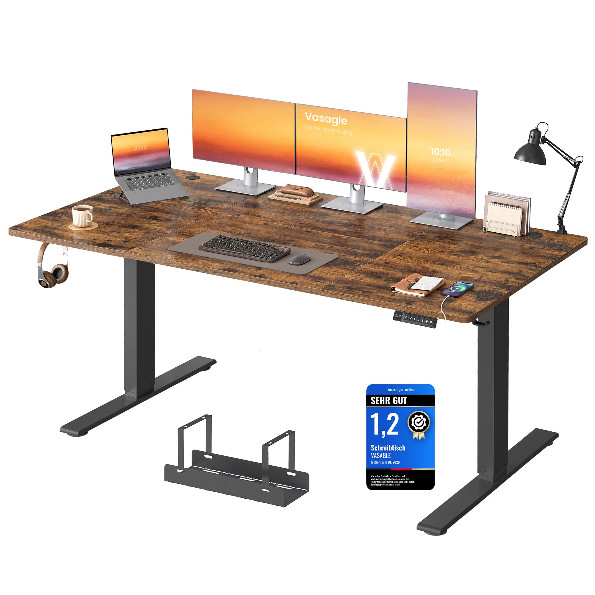 VASAGLE Höhenverstellbarer Schreibtisch, 180 x 80 cm, USB-C-Anschluss | Schreibtisch, Ablage für Steckdosenleiste, 3 Speichertasten, Erinnerung bei langem Sitzen, vintagebraun LSD148KD02
