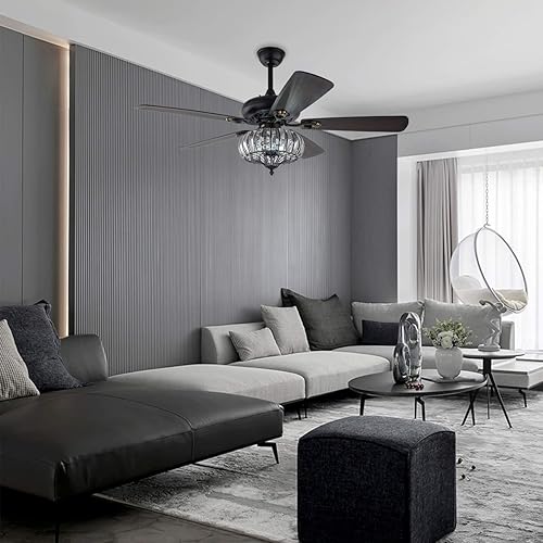 Miniatura 8 de Ventilador de techo de cristal de 52 pulgadas, ventilador de techo enjaulado de hierro negro de 3 luces con luces, reversible, retro, 5 aspas de