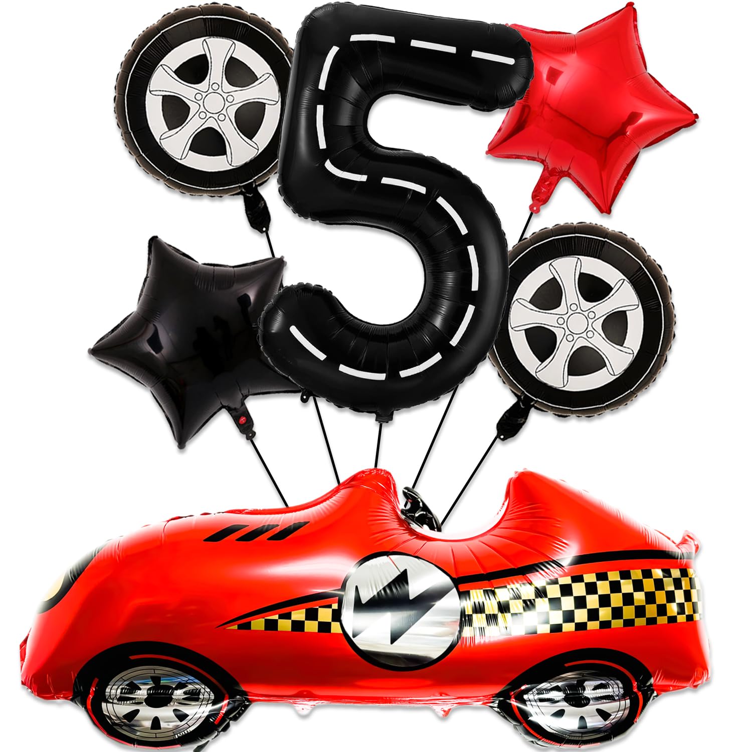 5 Year Old Race Car Party Decorations, 40 Inch Black Racetrack Number 5 Balloon Large Red Race Car Balloons Tire Balloons for Racing Car Themed