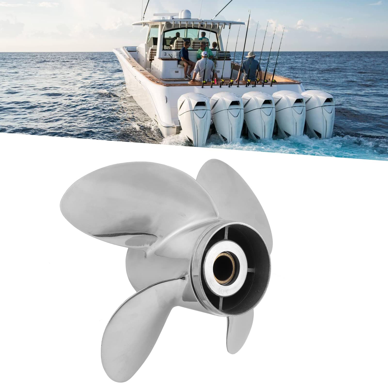 Elica Fuoribordo a 4 Pale 13 x 19 LH, 15 Denti, Elica Marina in Acciaio Inox per Motori Tohatsu 60-140 CV