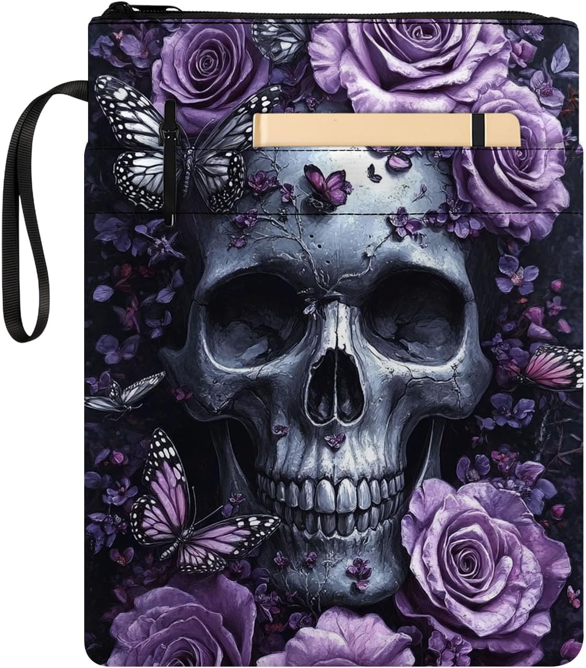 Padded Book Sleeve with Zipper and Front Pocket, Washable Fabric Book Cover for Hardcovers Paperbacks, Protective Book Pouch for Book Lovers and Bibliophiles, Skull Purple Roses
