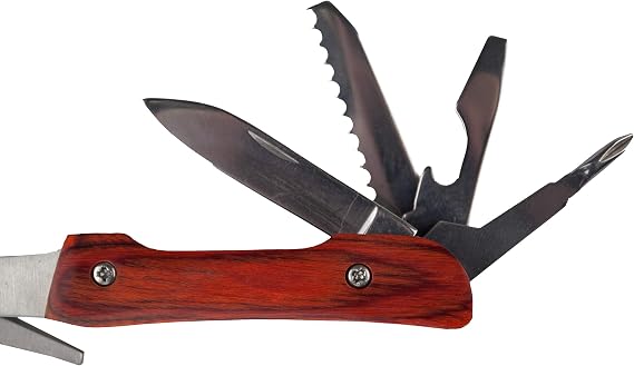ADROIT 11-in-1 Multi-tool | Stainless Steel Construction | Wood Grain Handle | Tools Include LED Light, Knife, Screwdriver, Pliers, Crimpers, More | Outdoor & Home Utility