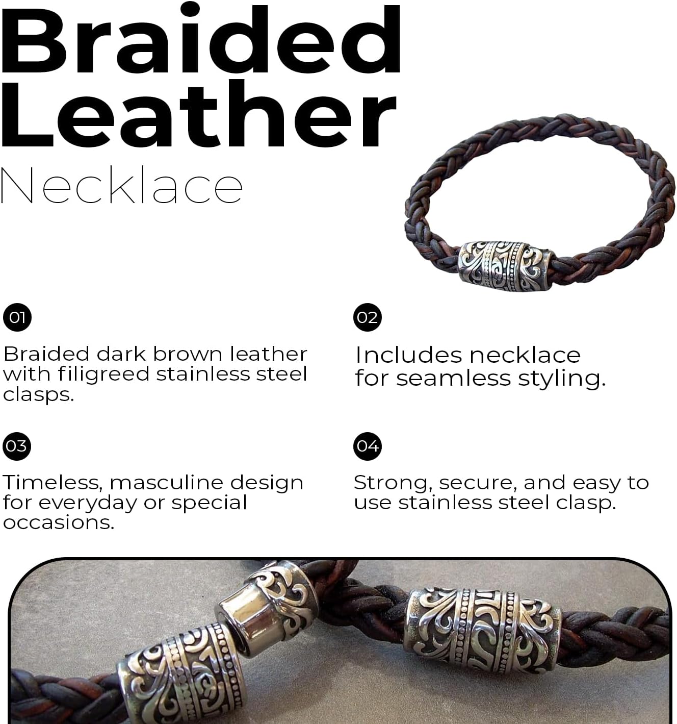 Thick Braided Leather Necklace - Ultimate Leather Necklace Cord with Clasp - Chain for Men with Added Comfort - Available in 16,18,20,22 inches or Custom
