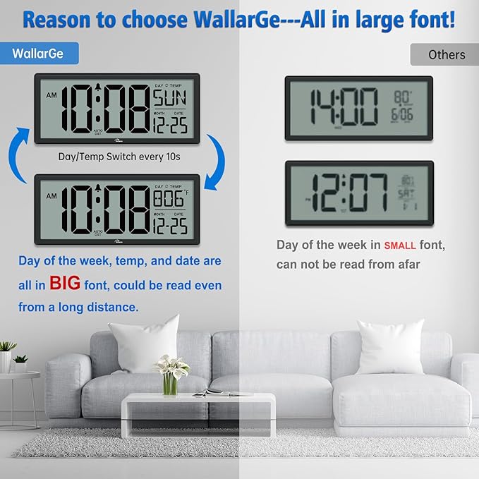 Reloj de Pared Digital WallarGe 14.5" con Números Grandes miniatura 3