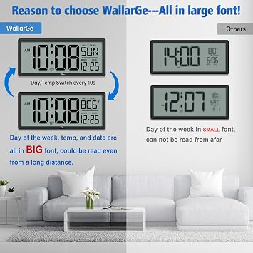WallarGe 14.5'' Large Digital Wall Clock Battery Operated with Jumbo Numbers, Temperature and Date - Easy to Read and Set, Auto DST