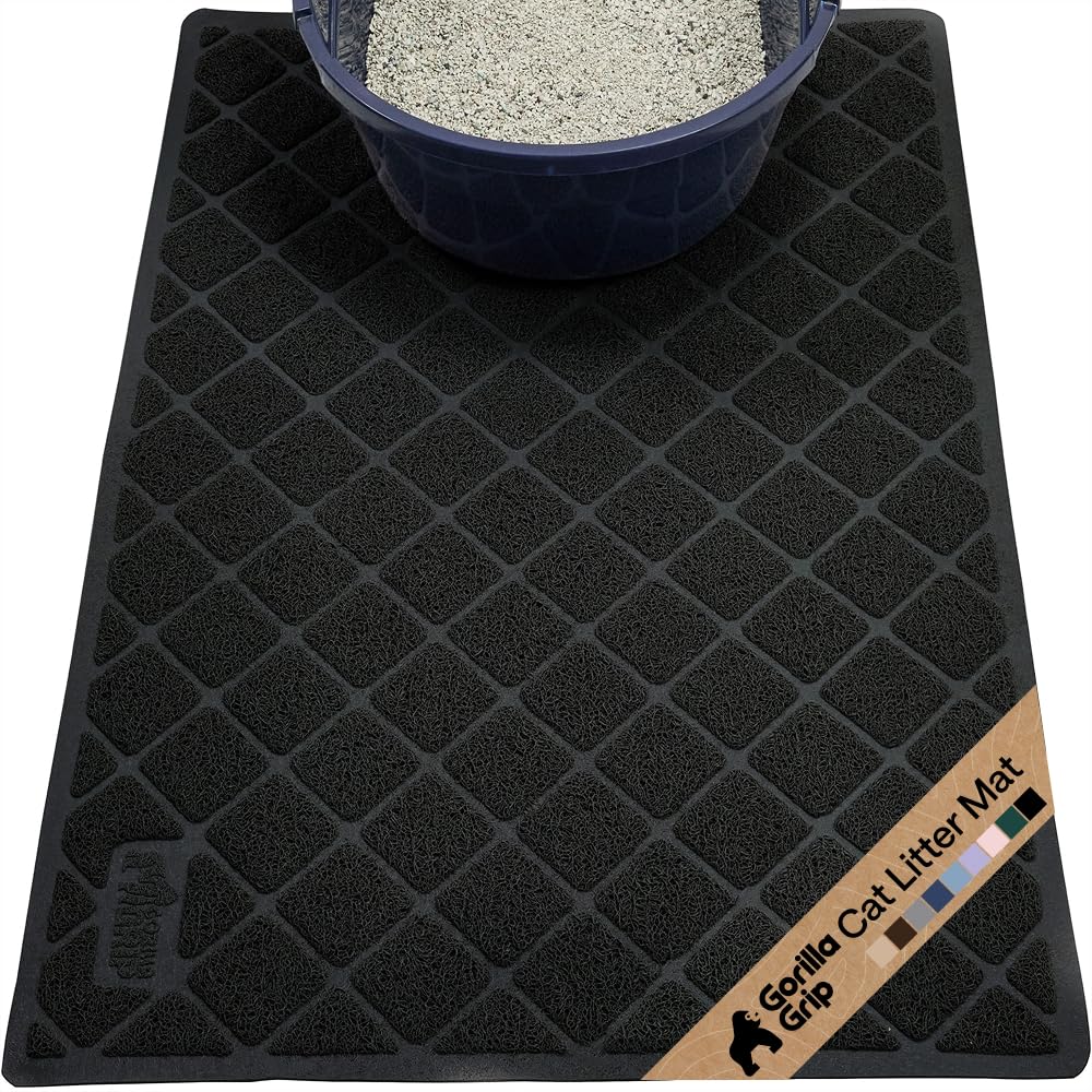 GORILLA GRIP Cat Litter Box Mat, Water Resistant, US Designed Kitty Litter Trapping Mats, Easy to Clean, Scatter Control, Less Mess and Clean Floors, Kitten Supplies for Indoor Cats, 30x20 Black